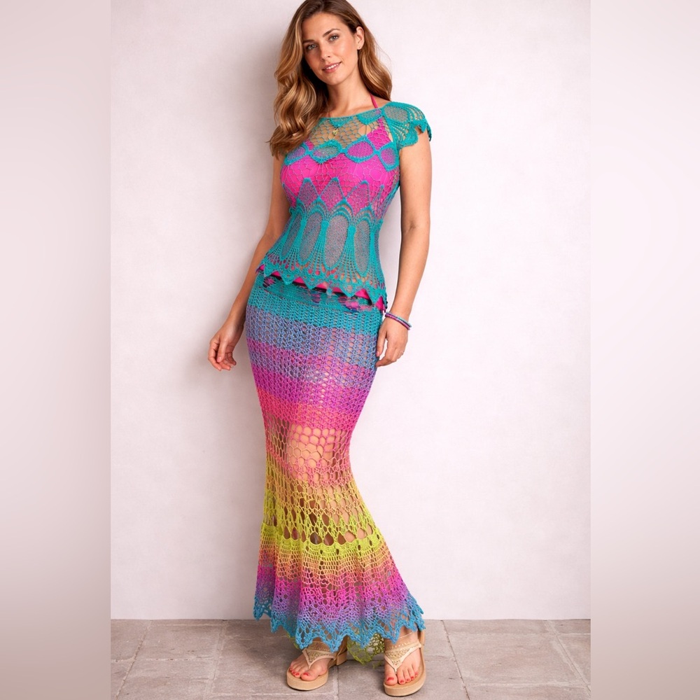 Multicolor Hand Crochet Cotton Maxi Skirt size small